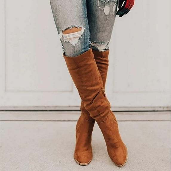 Wavsuf Cowgirl Boots for Women with Fuzz with High Heel Knee High Flock Winter Brown Shoes Size 38