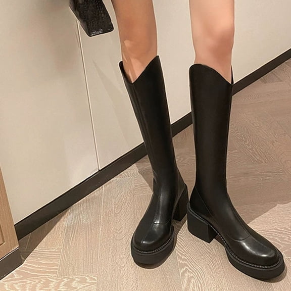 Wavsuf Cowgirl Boots for Women with Zipper Thermal Knee High with High Heel Winter Black Shoes Size 35