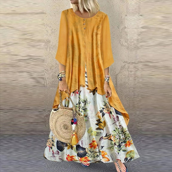 Wavsuf Dresses for Women Plus Size Maxi Printed Floral Summer And Fall Yellow Dress Size 4XL