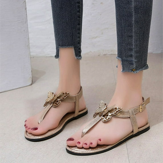 Wavsuf Flat Sandals for Women Casual Summer Gold Thong Sandals Size 6