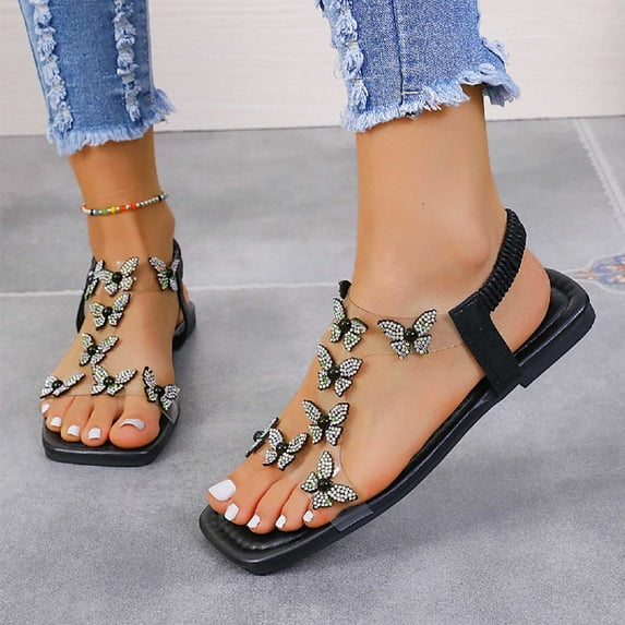 Wavsuf Flat Sandals for Women Wide Transparent Casual Summer Black Sandals Shoes Size 7.5