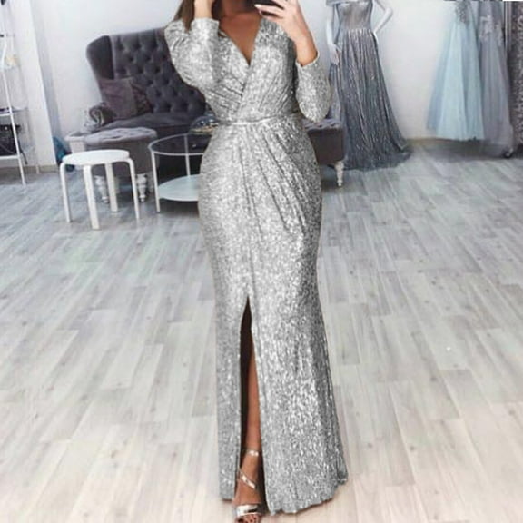 Wavsuf Formal Dresses for Women Maxi Summer And Fall Long Sleeve Silver Dress Size S