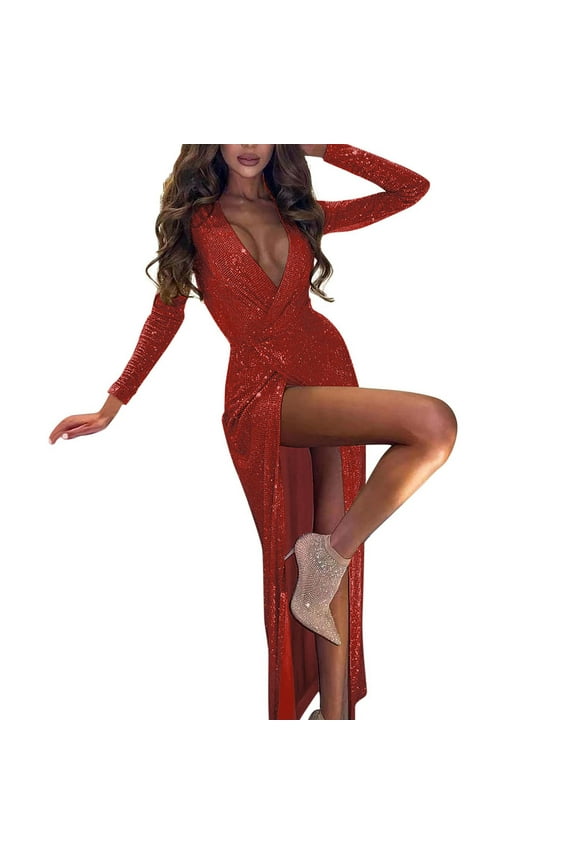 Formal Dresses for Women Sequins Split-Forked Solid Long Sleeve Maxi Summer And Fall Red Dress Size M