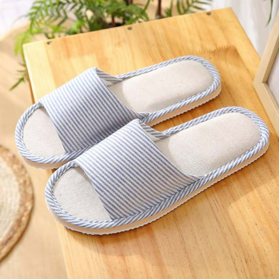 Wavsuf Fuzzy Slippers for Women Striped Anti-slip Linen Home Casual Summer Light Blue Slippers Size 39