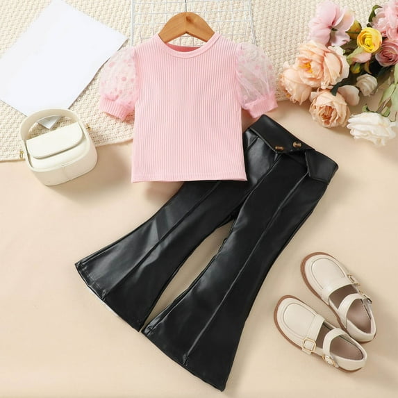 Wavsuf Girls Outfits 2-Piece, Lace Short Sleeve Tops Leather Flare Pants Fashion Casual Sets Pink 2T