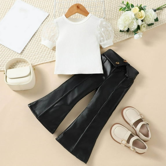 Wavsuf Girls Outfits 2-Piece, Lace Short Sleeve Tops Leather Flare Pants Fashion Casual Sets White 5T
