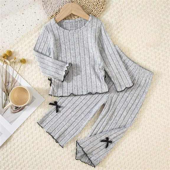 Wavsuf Girls Outfits 2-Piece, Long Sleeve Crewneck Tops Wide Leg Pants Fashion Soft Knitted Sets Gray 2T