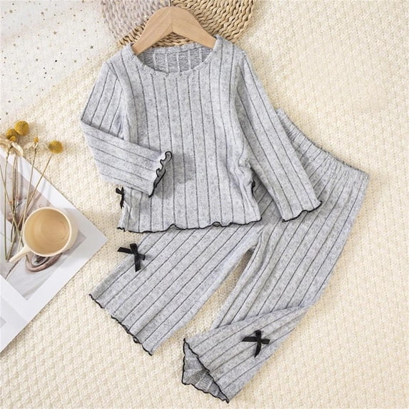 Wavsuf Girls Outfits 2-Piece, Long Sleeve Crewneck Tops Wide Leg Pants Fashion Soft Knitted Sets Gray 4T
