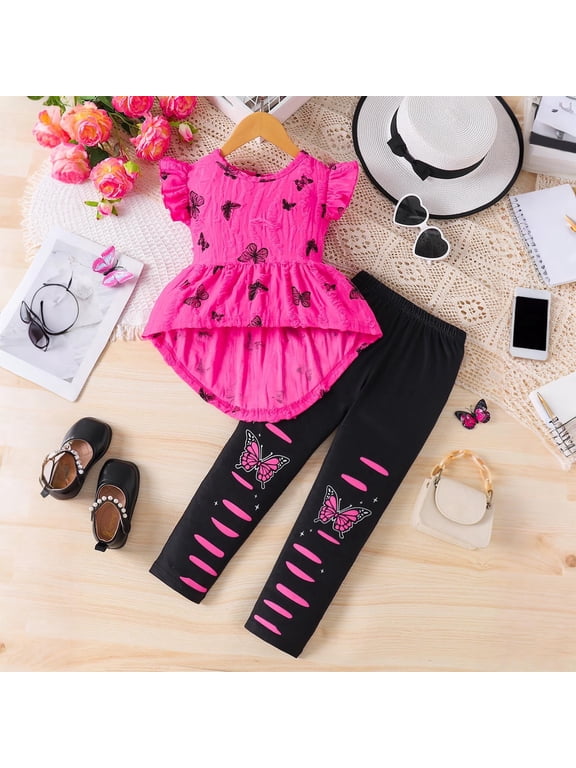 Girls Outfits 2-Piece, Ruffles Graphic Tunic Tops Stretch Pants Fashion Casual Sets Hot Pink 4T