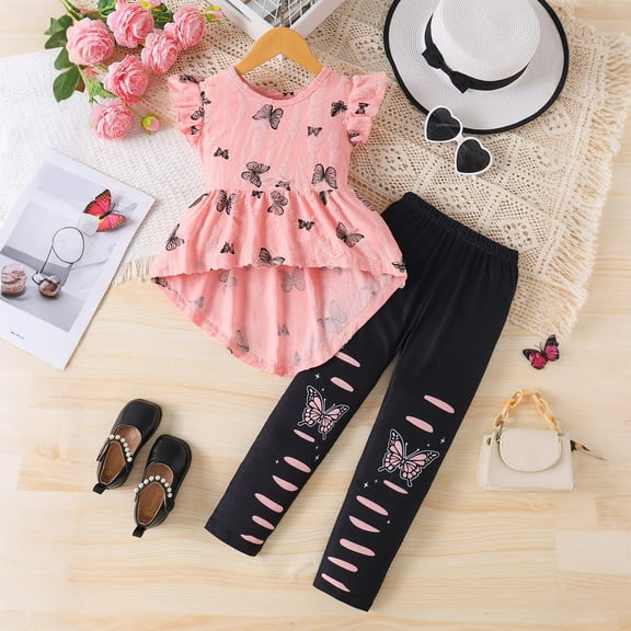 Wavsuf Girls Outfits 2-Piece, Ruffles Graphic Tunic Tops Stretch Pants Fashion Casual Sets Pink 5T