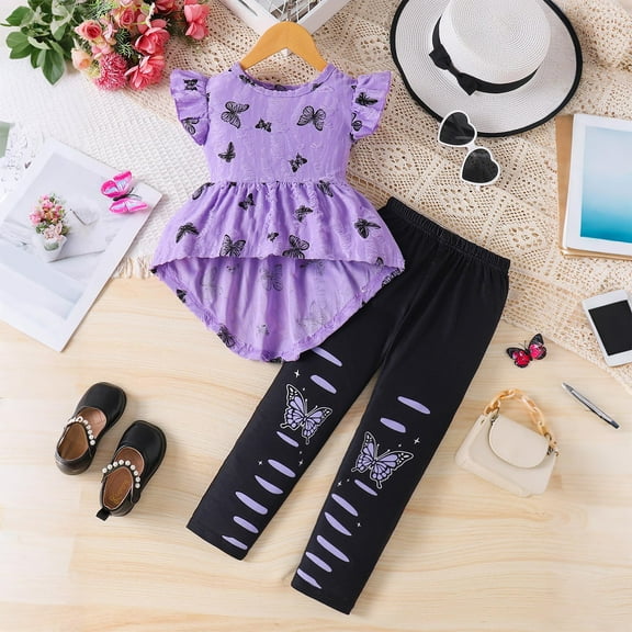 Wavsuf Girls Outfits 2-Piece, Ruffles Graphic Tunic Tops Stretch Pants Fashion Casual Sets Purple 5T