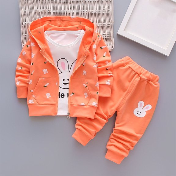 Wavsuf Girls Outfits 3-Piece, Graphic Long Sleeve Shirt   Zipper Hooded Jacket   Sweatpants Fashion Casual Sets Orange 5T