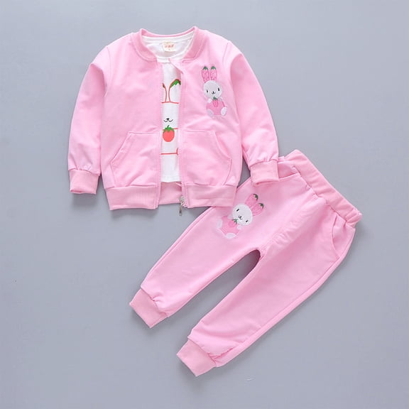 Wavsuf Girls Outfits 3-Piece, Graphic Long Sleeve Shirt   Zipper Jacket   Sweatpants Fashion Casual Sets Pink 5T