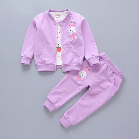 Wavsuf Girls Outfits 3-Piece, Graphic Long Sleeve Shirt   Zipper Jacket   Sweatpants Fashion Casual Sets Purple 5T