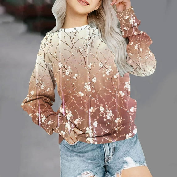 Cethrio Girls Sweatshirts Printed Pullover Spring Brown Tops Size 7-8 Years