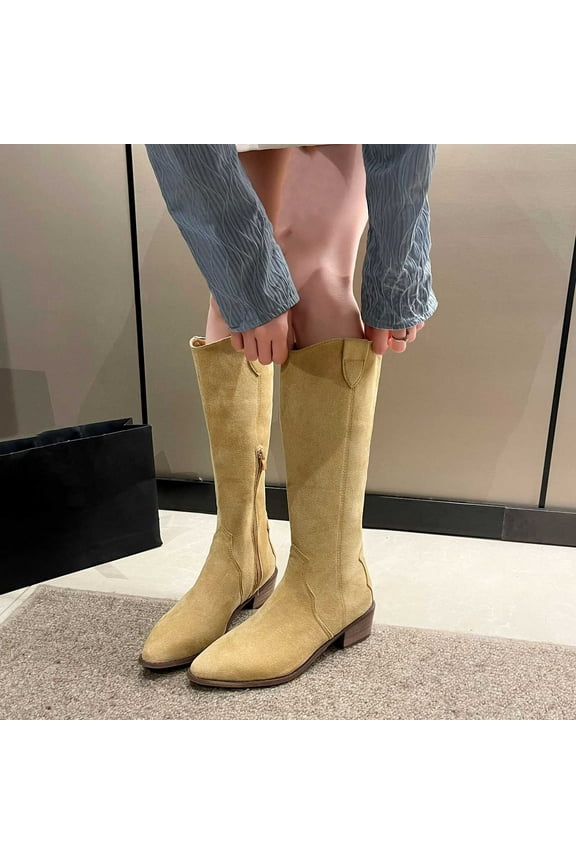 Hiking Boots for Women Wide with Zipper Slip Resistant Oversized Knee High Winter Khaki Shoes Size 39
