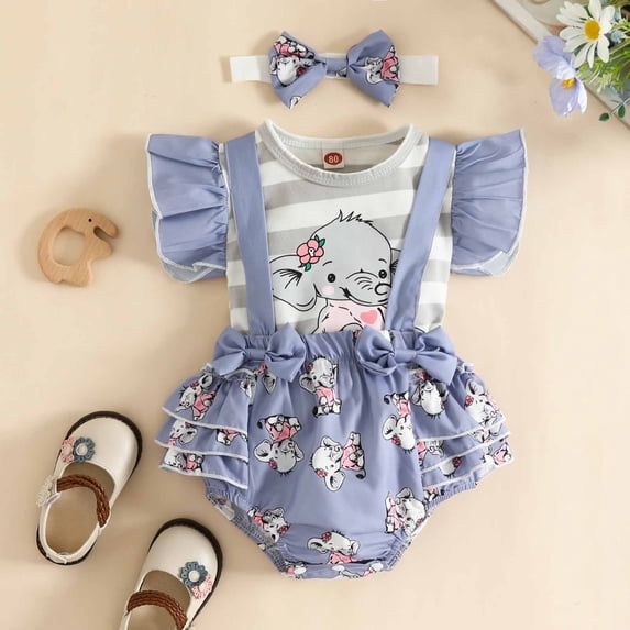 Wavsuf Kids Sets Clothes Girls Hairband Printed Ruffled Comfort Short Sleeve Shorts Gray Outfits Set Size 9-12 Months