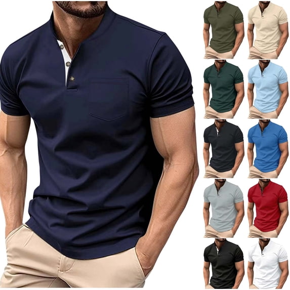 Wavsuf Lapel polo Shirt for Mens Soft Pique Polos Fashionable Button Stand-Up Collar T Shirt Blue Size L