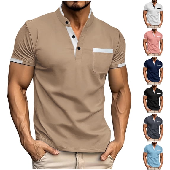 Wavsuf Men Lapel polo Shirt Soft Pique Polos for Mens Fashionable Button Stand-Up Collar T Shirt Navy Size S