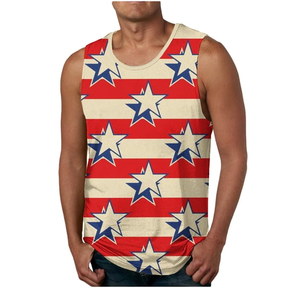 Wavsuf Men's Print Tank Top Casual Sleeveless Independance Day Crew Neck Sports Yellow T-shirt Tank Size M