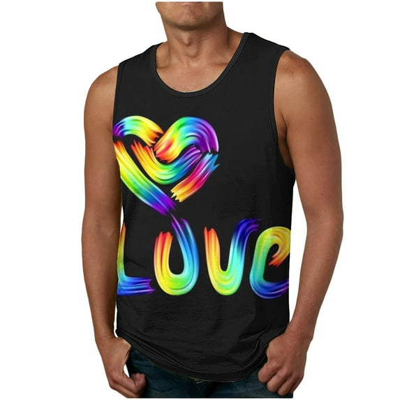 Wavsuf Men's Print Tank Top Crew Neck Love is Love Sports Casual Sleeveless Multicolor T-shirt Tank Size M
