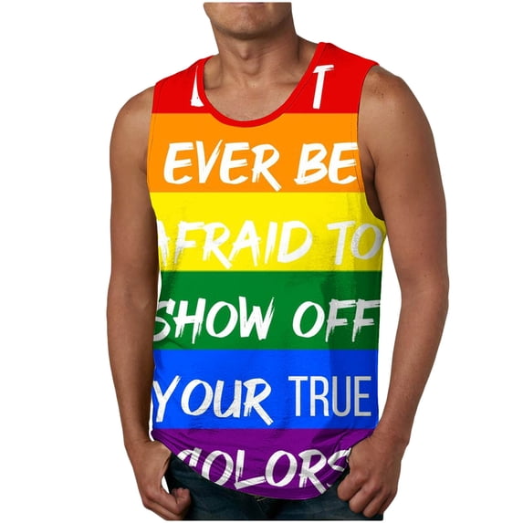 Wavsuf Men's Print Tank Top Crew Neck Love is Love Sports Casual Sleeveless Orange T-shirt Tank Size 2XL