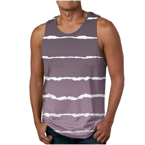 Wavsuf Men's Print Tank Top Crew Neck Striped Sports Sleeveless Casual Gray T-shirt Tank Size 2XL