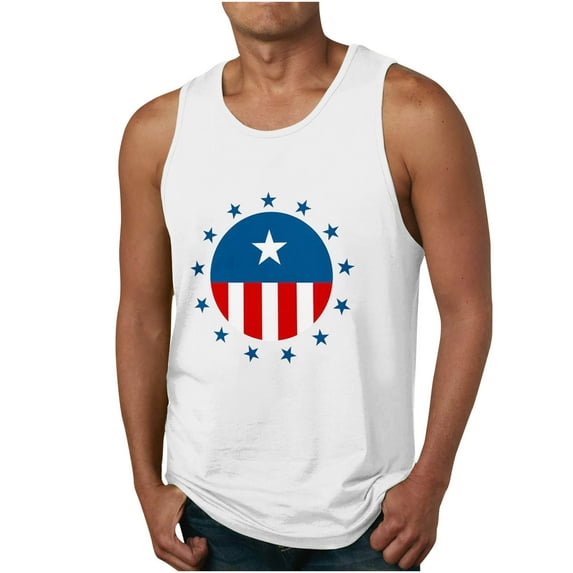 Wavsuf Men's Print Tank Top Independance Day Crew Neck Casual Sports Sleeveless White T-shirt Tank Size 6XL