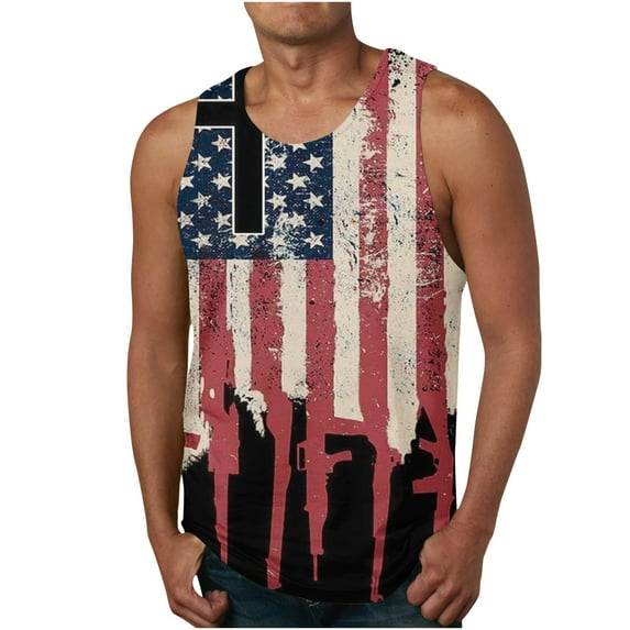 Wavsuf Men's Print Tank Top Sports Casual Sleeveless Independance Day Crew Neck Black T-shirt Tank Size M