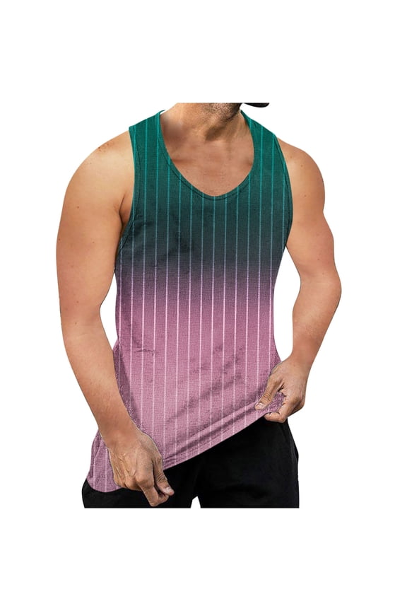 Men's Solid Tank Top Sports Casual Crew Neck Striped Sleeveless Pink T-shirt Tank Size L