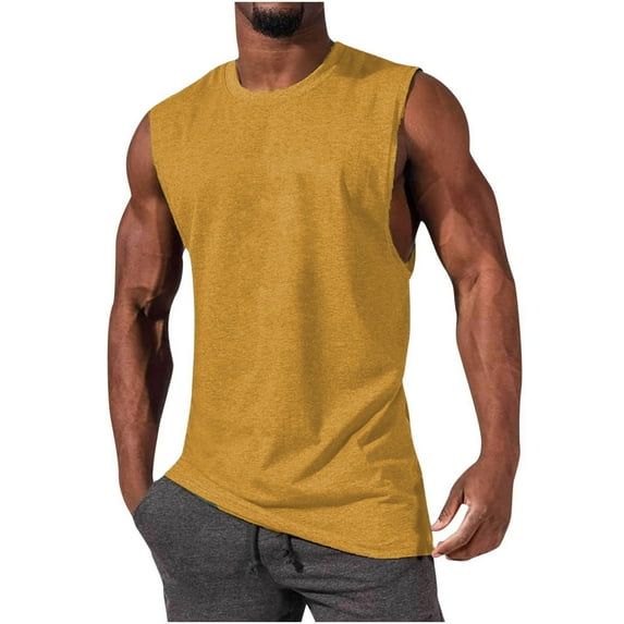 Wavsuf Men's Solid Tank Top Sports Crew Neck Casual Sleeveless Yellow T-shirt Tank Size XL