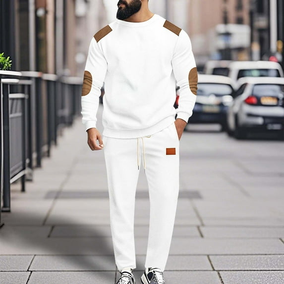 Wavsuf Men's Sweatsuits Set 2 piece Jogger Set for Men Motion Tight Drawstring Simplicities Shirt Sweatshirt and Sweatpants White Size 3XL
