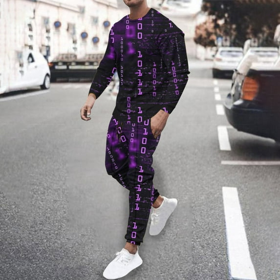 Wavsuf Men's Sweatsuits Set 2 piece Jogger Set for Men New Motion Digital Shirt Sweatshirt and Sweatpants Purple Size 4XL