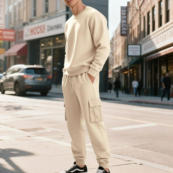 Wavsuf Men's Sweatsuits Set 2 piece Jogger Set for Men Plush Loose Drawstring Shirt Sweatshirt and Sweatpants Khaki Size M