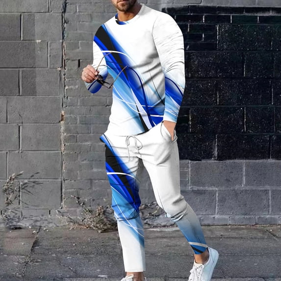 Wavsuf Men's Sweatsuits Set 2 piece Jogger Set for Men Tight Shirt Sweatshirt and Sweatpants Blue Size M