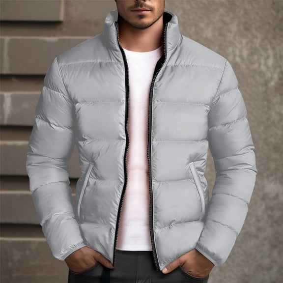 Wavsuf Men's Winter Coats Puffer Jacket Windproof Pocket Cotton Outerwear Jackets Gray Size 2XL