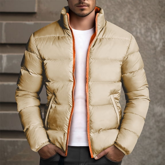Wavsuf Men's Winter Coats Puffer Jacket Windproof Pocket Cotton Outerwear Jackets Khaki Size M