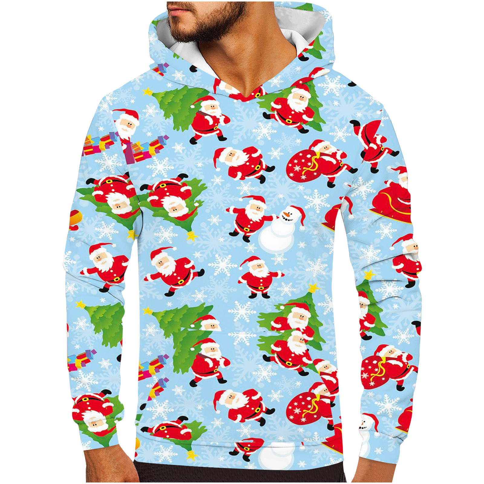 Wavsuf Mens Hoodies Clearance Christmas Graphic Pullover Blue Tops Size