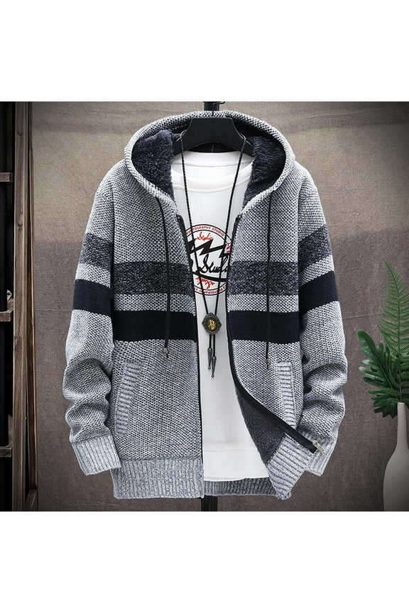 Mens Jackets Slim Casual Undersize Patchwork Plush Fleece Knitted Gray Coats Size S