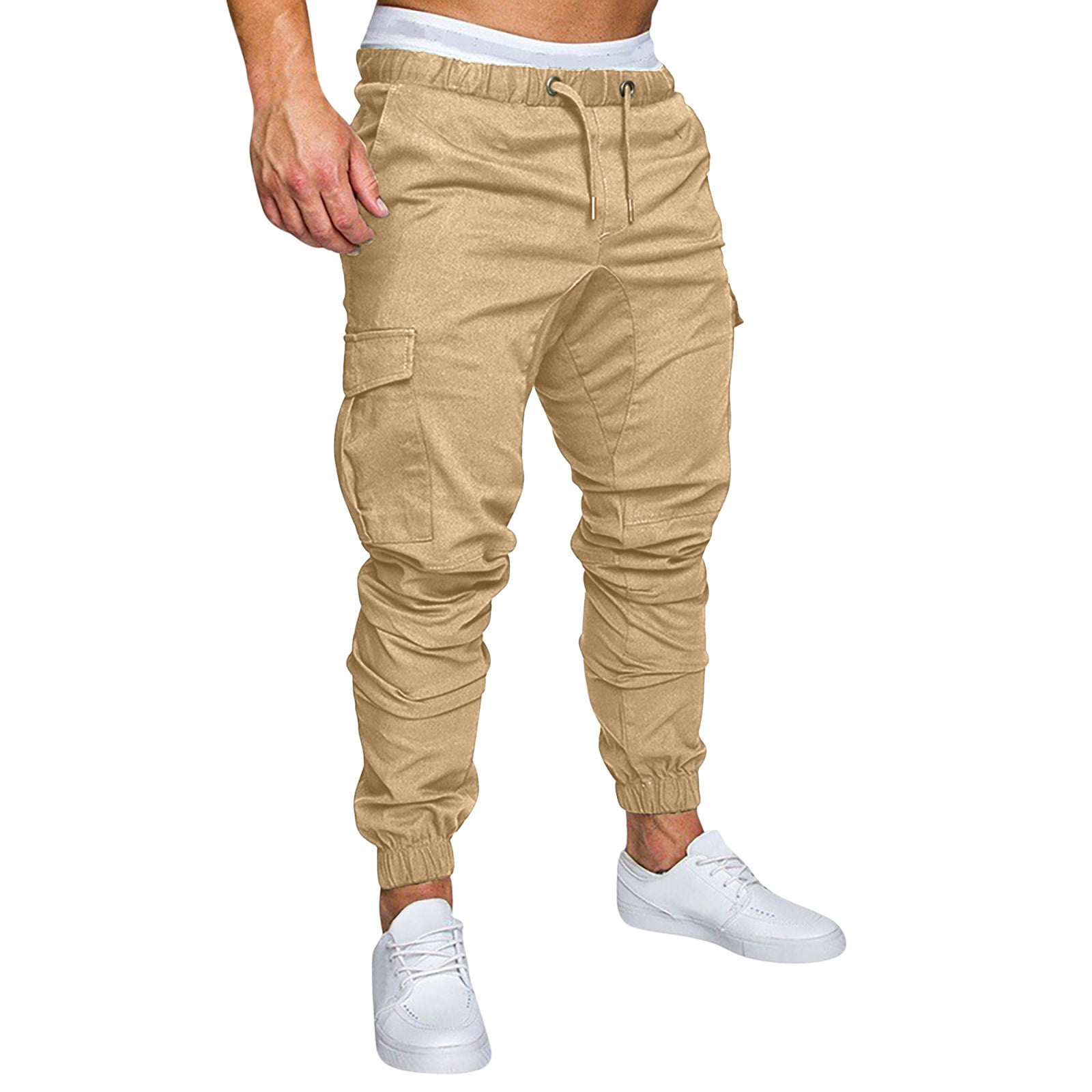 Wavsuf Mens Pants Cargo Big and Tall with Pockets Khaki Sweatpants Size M