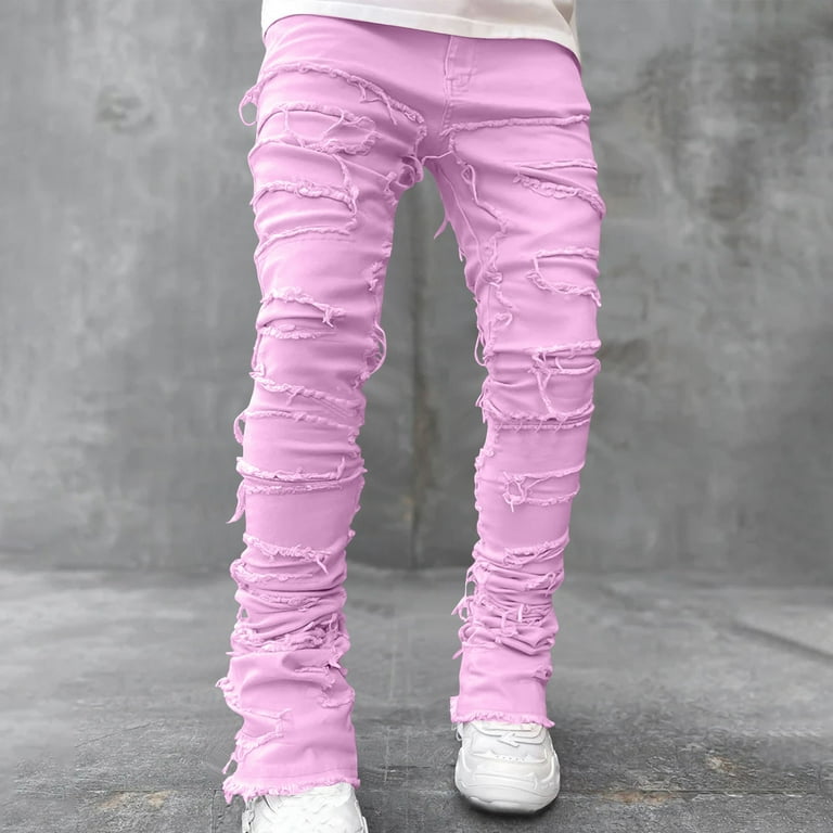 Wavsuf Mens Pants Jeans Slim Straight with Pockets Zip Pink