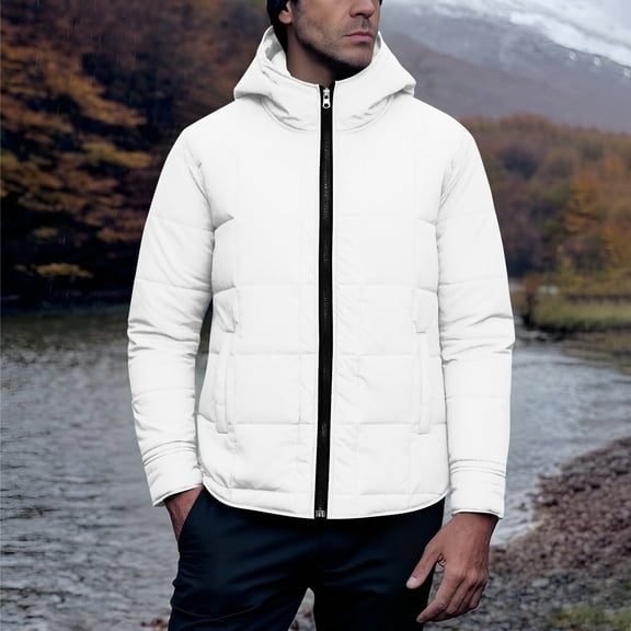 Wavsuf Mens Puffer Jacket Winter Coats Windproof Hooded Zipper Cardigan Cotton Long Sleeves With Hood Jackets White Size S