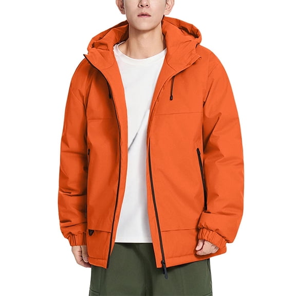 Wavsuf Mens Puffer Jacket Winter Coats Windproof Hooded Zipper Pocket Cotton Long Sleeves Padded jacket Orange Size S