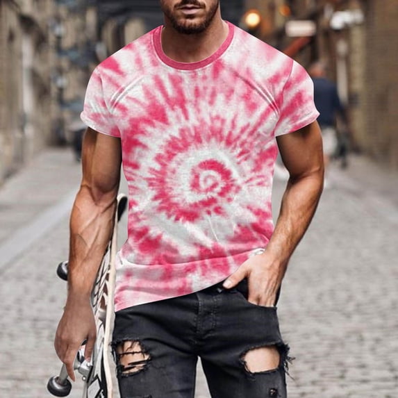 Wavsuf Mens Shirts Summer Crew Neck Tie-Dye Red T-Shirts Size 4XL