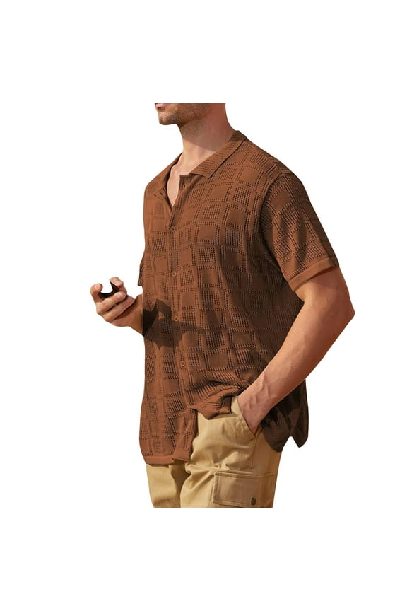 Mens Shirts Summer Turndown Brown Shirts Size L