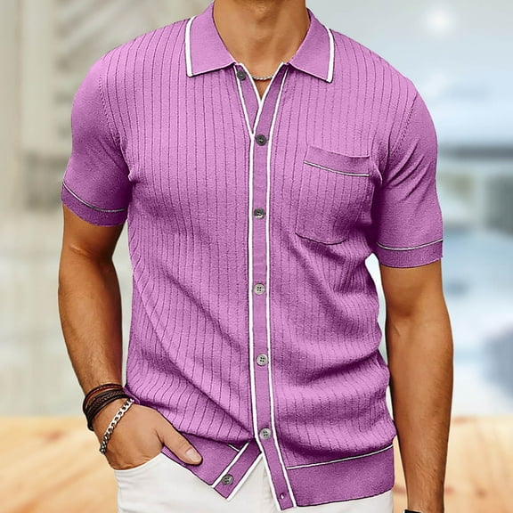 Wavsuf Mens Shirts Summer Turndown Hot Pink Shirts Size M