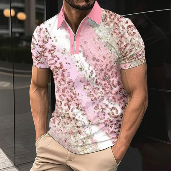 Wavsuf Mens Shirts Summer Turndown Zipper Pink Shirts Size M