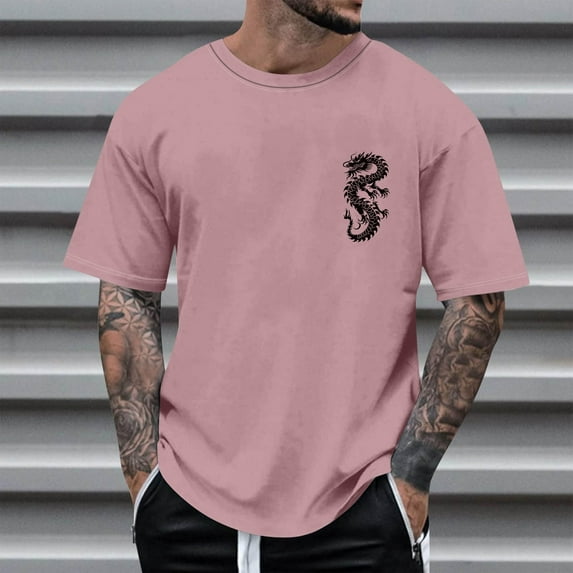 Wavsuf Mens Shirts Graphic Tees V-neck Crew Neck Summer Pink T-Shirts Size XL