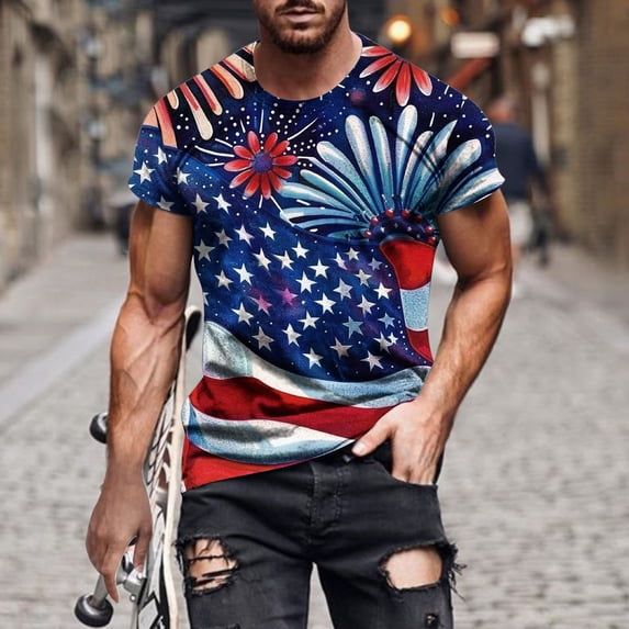 Wavsuf Mens Shirts Short Sleeve Button Down Summer Independance Day Crew Neck Multicolor T-Shirts Size L