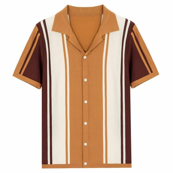 Wavsuf Mens Shirts Short Sleeve Summer Turndown Brown Shirts Size 3XL
